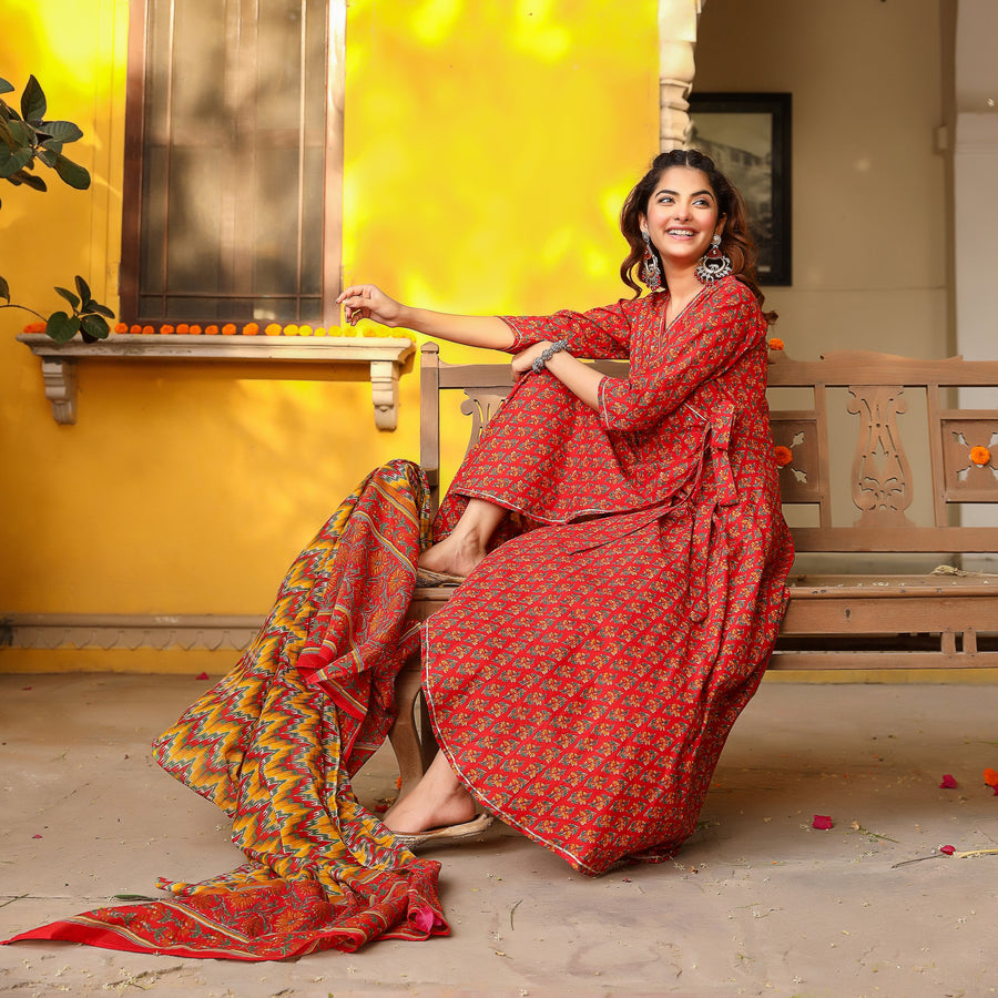 Red floral angrakha suit set