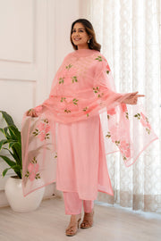 Pink hand painted straight muslin  suit set