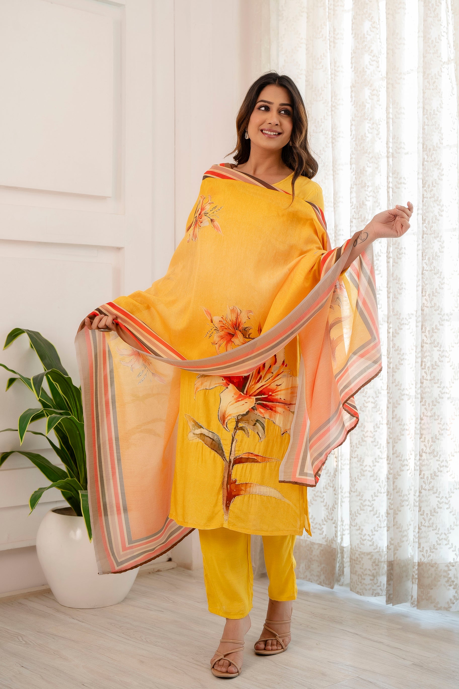 Yellow muslin embroidered suit set