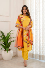 Yellow muslin embroidered suit set
