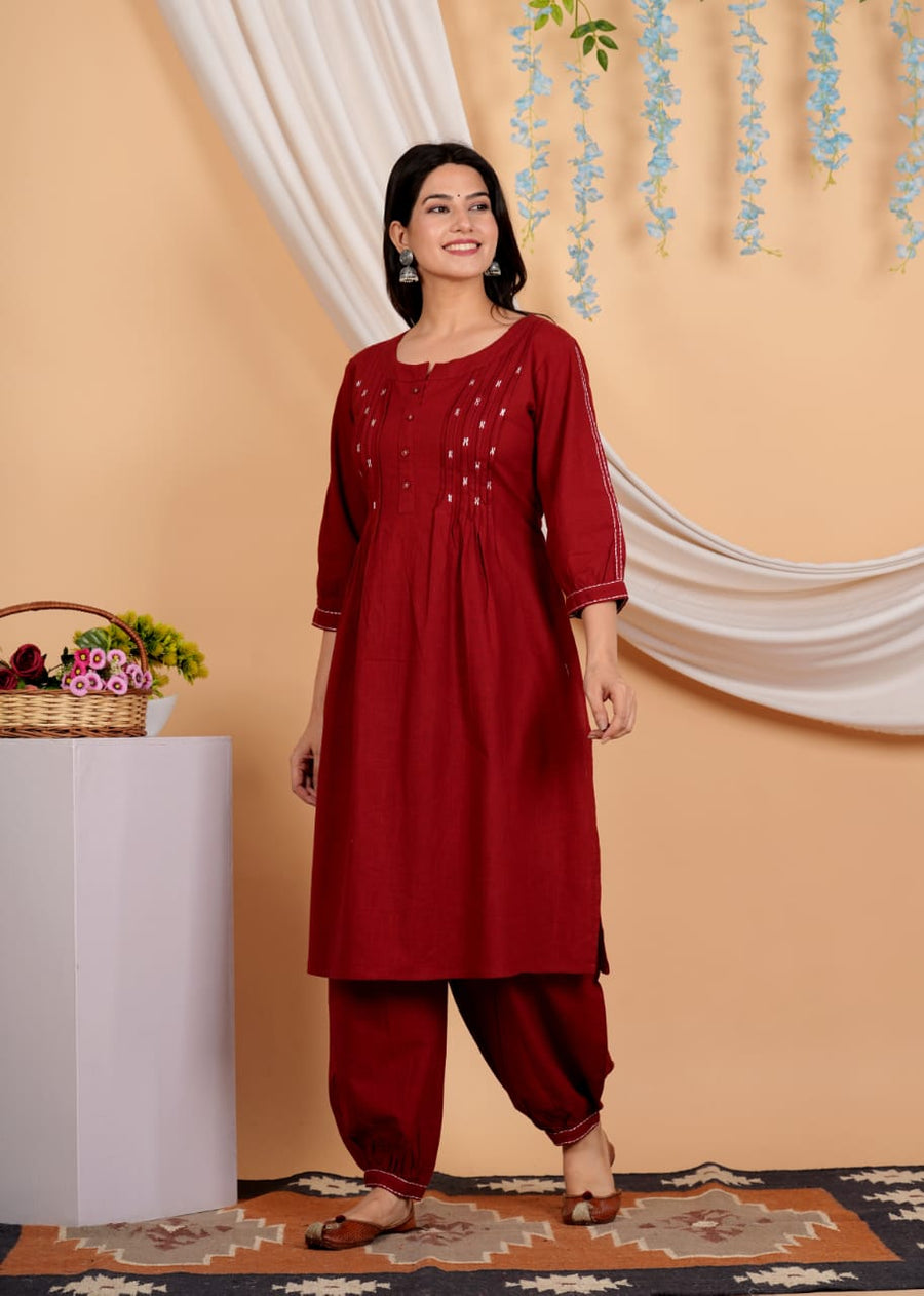 Geometric Yoke Design A-Line Thread Work Pure Cotton Kurta with Salwar