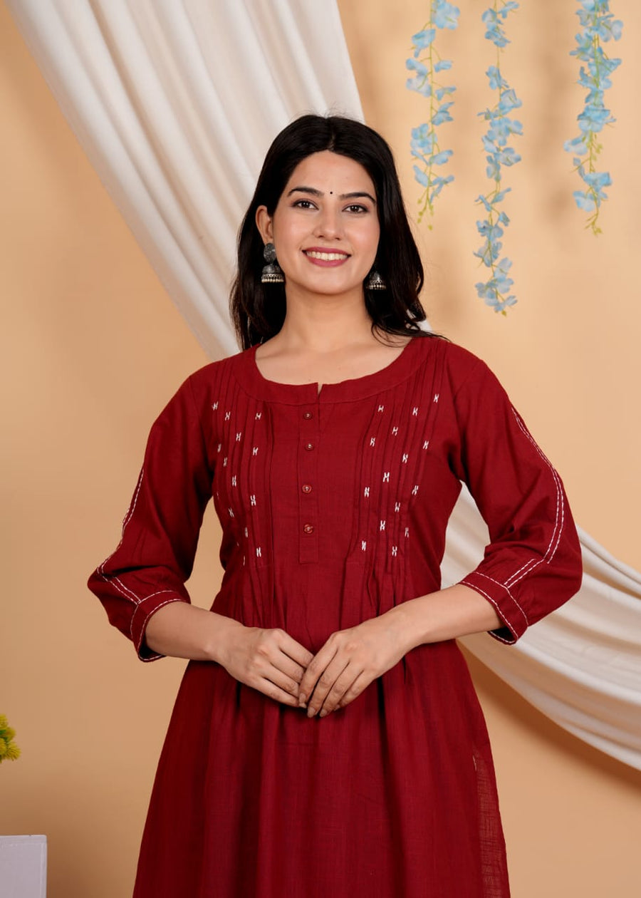 Geometric Yoke Design A-Line Thread Work Pure Cotton Kurta with Salwar
