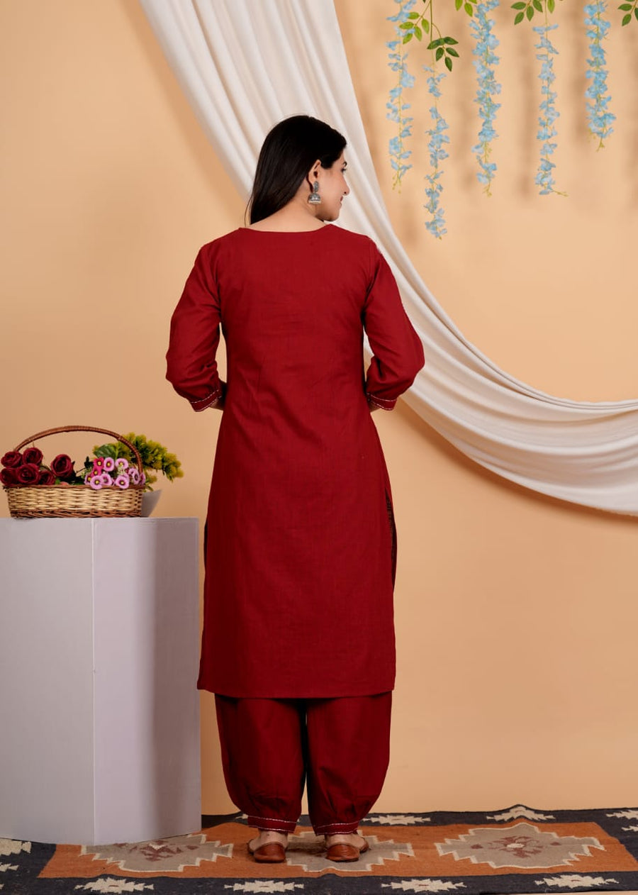 Geometric Yoke Design A-Line Thread Work Pure Cotton Kurta with Salwar