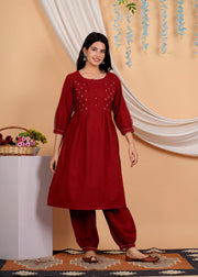 Geometric Yoke Design A-Line Thread Work Pure Cotton Kurta with Salwar