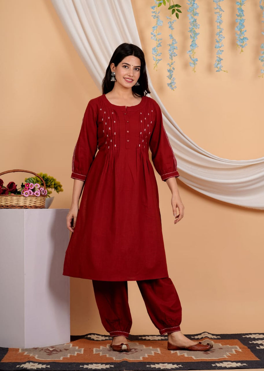 Geometric Yoke Design A-Line Thread Work Pure Cotton Kurta with Salwar