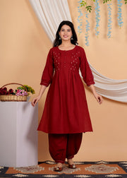 Geometric Yoke Design A-Line Thread Work Pure Cotton Kurta with Salwar