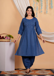 Yoke Design Thread Work A-Line Pure Cotton Kurta With Salwar