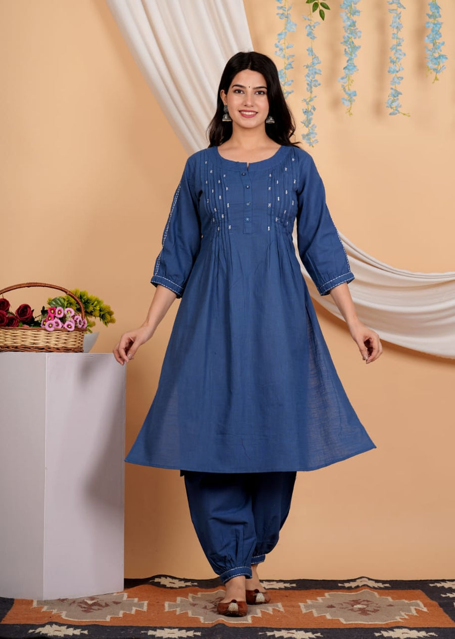 Yoke Design Thread Work A-Line Pure Cotton Kurta With Salwar