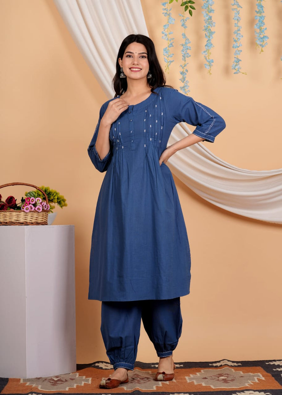 Yoke Design Thread Work A-Line Pure Cotton Kurta With Salwar