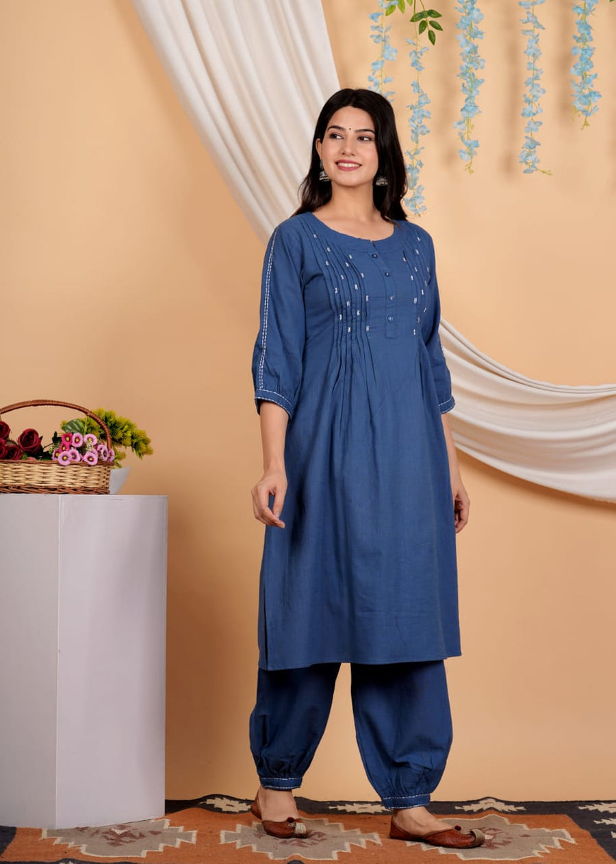 Yoke Design Thread Work A-Line Pure Cotton Kurta With Salwar