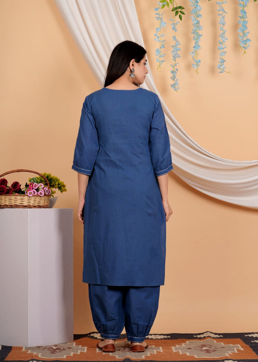 Yoke Design Thread Work A-Line Pure Cotton Kurta With Salwar