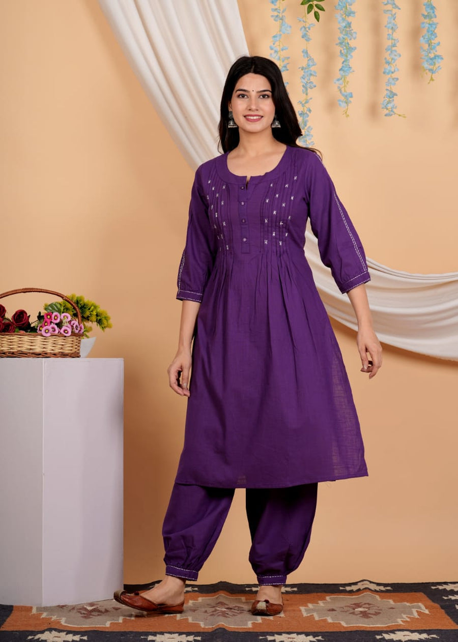Geometric Yoke Design A-Line Thread Work Pure Cotton Kurta with Salwar