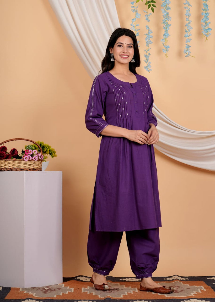 Geometric Yoke Design A-Line Thread Work Pure Cotton Kurta with Salwar