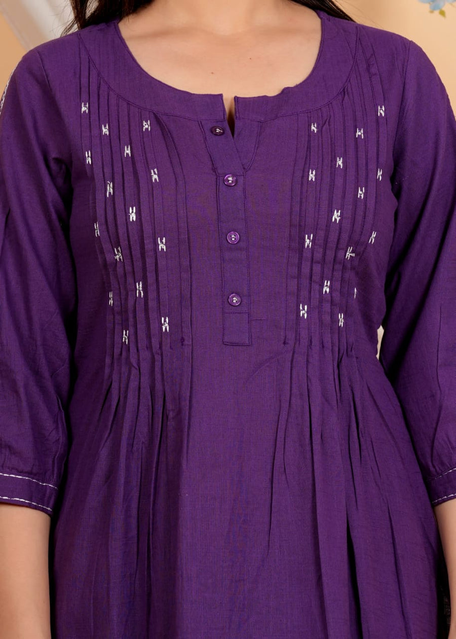 Geometric Yoke Design A-Line Thread Work Pure Cotton Kurta with Salwar