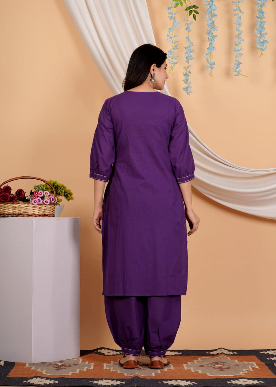 Geometric Yoke Design A-Line Thread Work Pure Cotton Kurta with Salwar