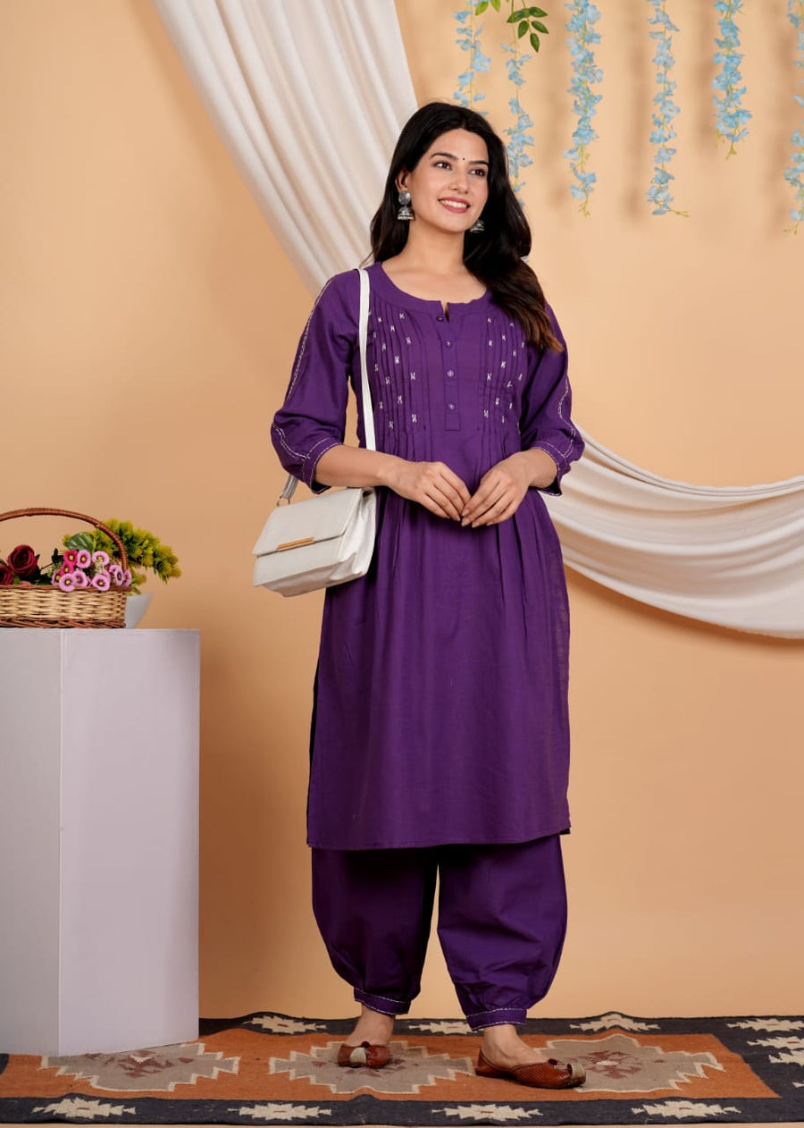 Geometric Yoke Design A-Line Thread Work Pure Cotton Kurta with Salwar