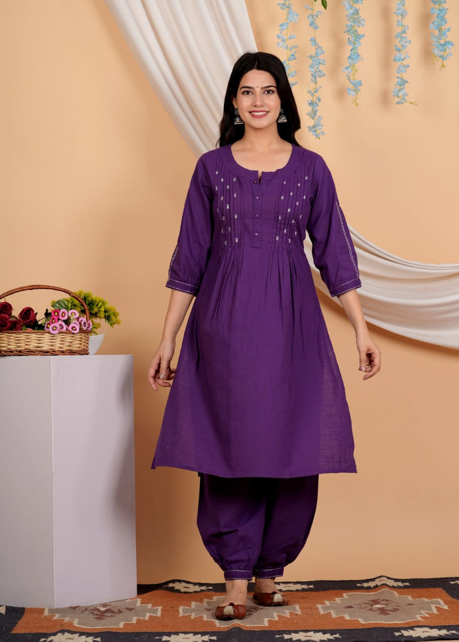 Geometric Yoke Design A-Line Thread Work Pure Cotton Kurta with Salwar