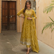 Yellow Bandhej Print Anarakali Suit Set