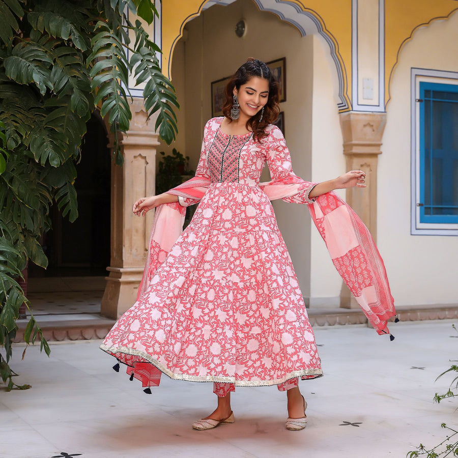 Festive Powder Pink Flared Anarkali Suit Set